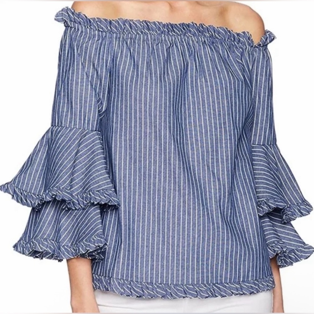 Beige by eci Striped Denim Chambray Tiered Bell Sleeve Top Blouse Shirt XL